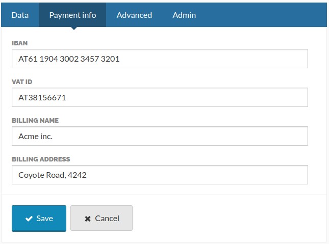 The payment info page
