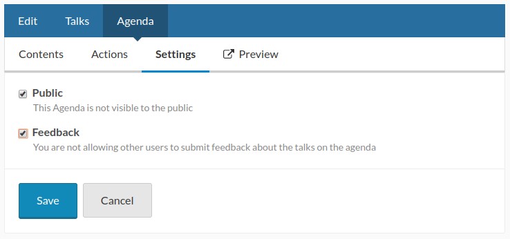 The settings tab of the agenda